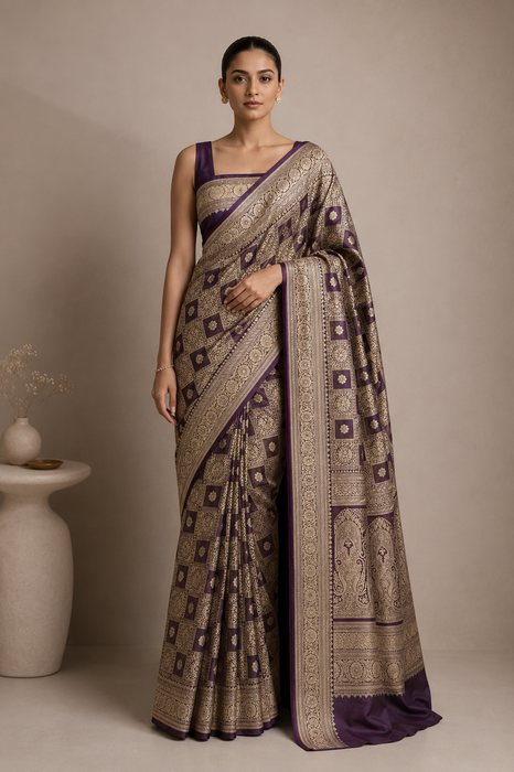 Spanish Brown Pure Katan Silk Banarasi Handloom Saree