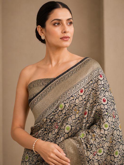 Black Pure Katan Banarasi Handloom Saree - Meenakari brocade Work