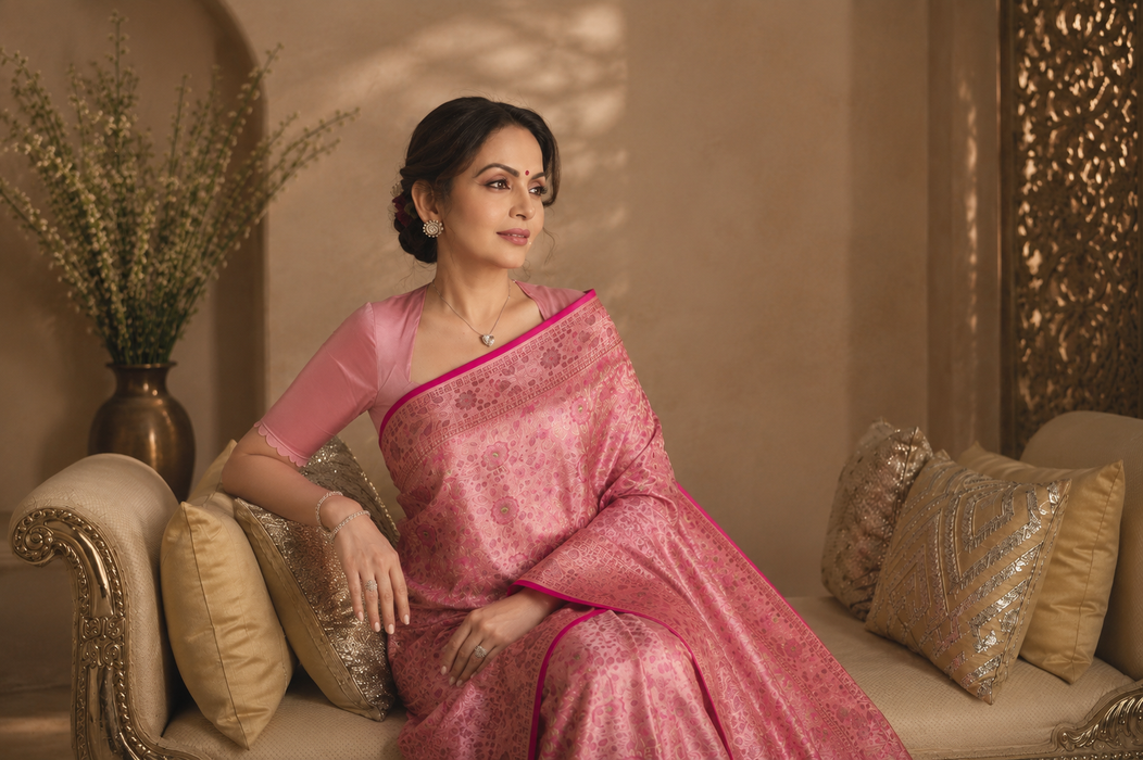 Pink Pure Katan Jamdani Banarasi Handloom Saree