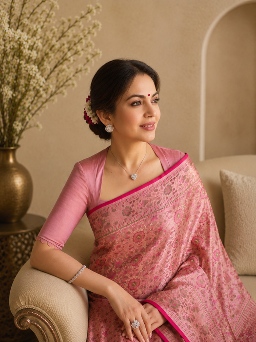Pink Pure Katan Jamdani Banarasi Handloom Saree