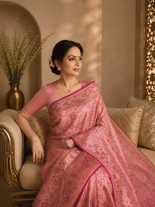 Pink Pure Katan Jamdani Banarasi Handloom Saree