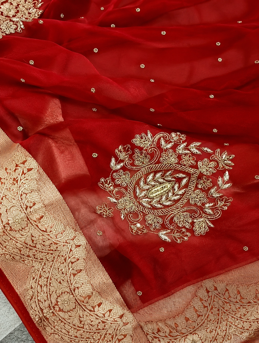 Red Pure Banarasi Tissue Handloom Saree - Handwork