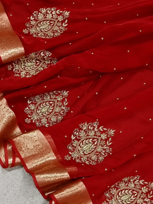 Red Pure Banarasi Tissue Handloom Saree - Handwork