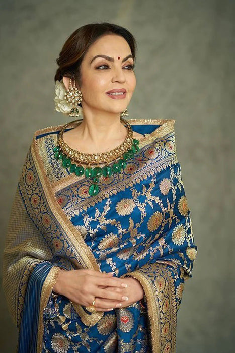 Nita Ambani German Blue Pure Katan Banarasi Handloom Saree - Meenakari Work