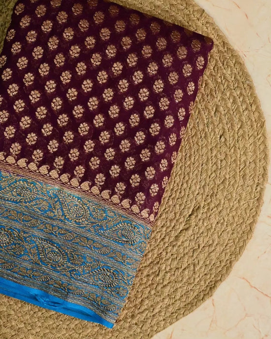German Wine Khaddi Georgette Banarasi Handloom Saree - Antique Zari