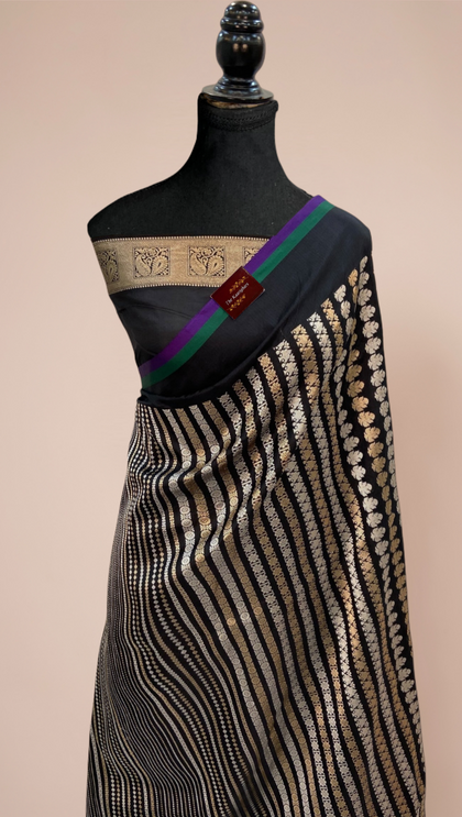 Black Katan Banarasi Handloom Saree - Kadiyal Sona Roopa Meenakari