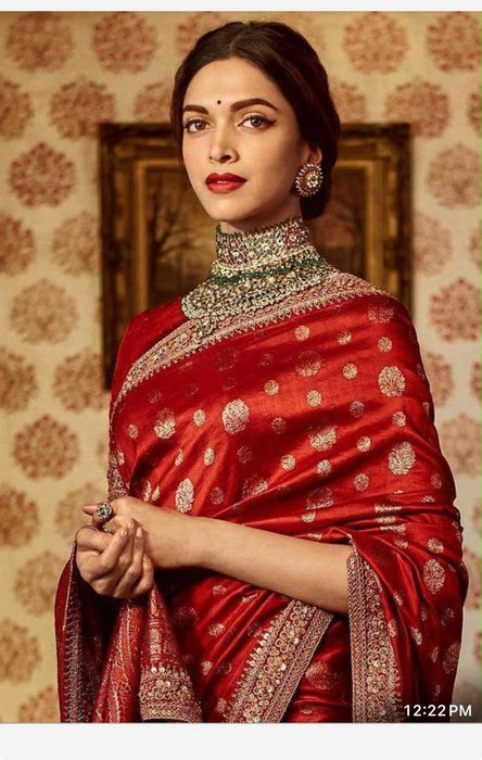 Deepika Padukone Red Pure Katan Silk Banarasi Handloom Saree - All over Motifs
