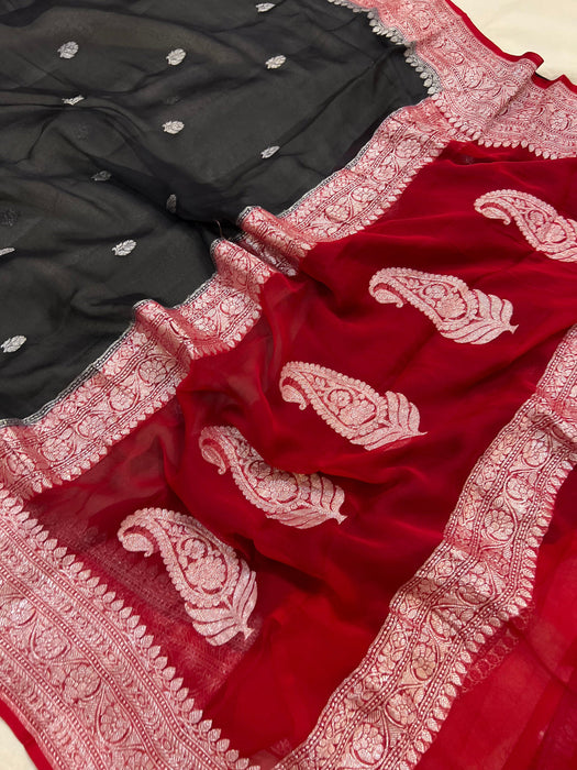 Black & Red Pure Kadhwa Chiffon Georgette Banarasi Saree - Silver Zari