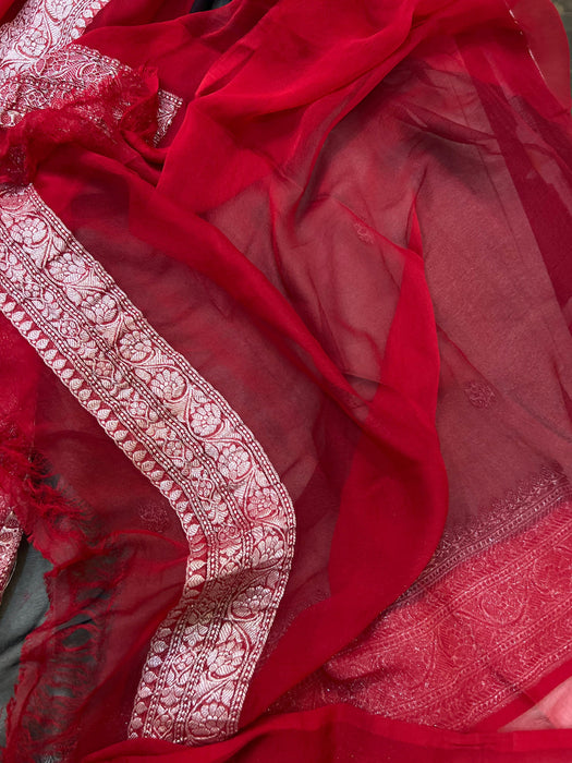 Black & Red Pure Kadhwa Chiffon Georgette Banarasi Saree - Silver Zari