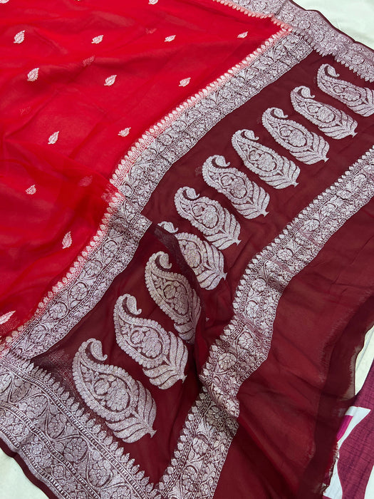 Red Pure Kadhwa Chiffon Georgette Banarasi Saree