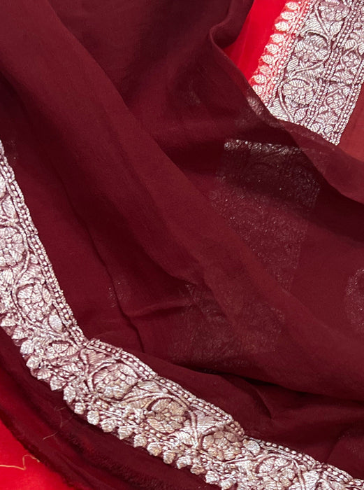 Red Pure Kadhwa Chiffon Georgette Banarasi Saree