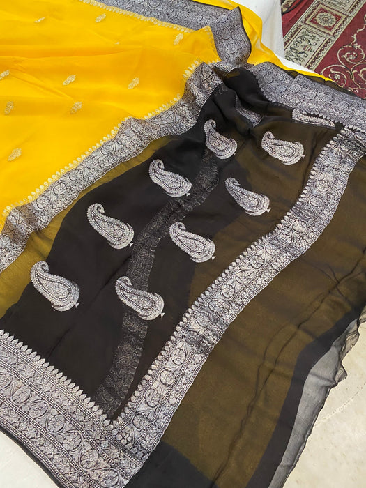 Black & Yellow Pure Kadhwa Chiffon Georgette Banarasi Saree - Silver Zari