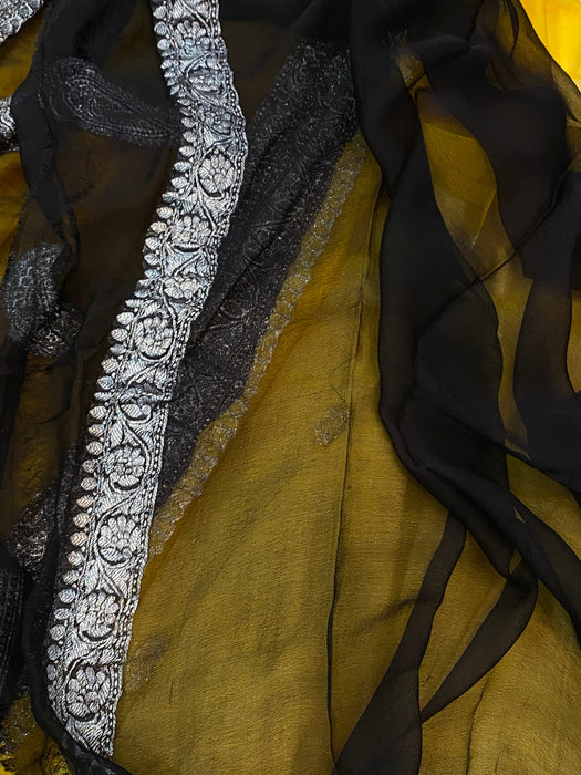 Black & Yellow Pure Kadhwa Chiffon Georgette Banarasi Saree - Silver Zari