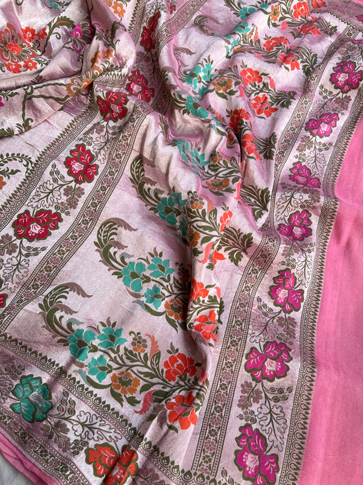 Pink Pure Tussar Georgette Banarasi Handloom Saree - Brocade Meenakari