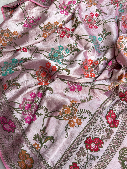 Pink Pure Tussar Georgette Banarasi Handloom Saree - Brocade Meenakari