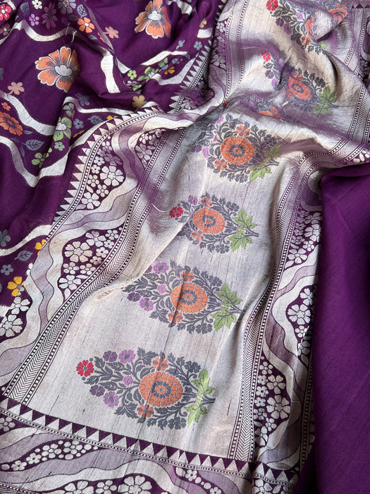 Magenta Pure Tussar Georgette Banarasi Handloom Saree - Pashmina Meenakari