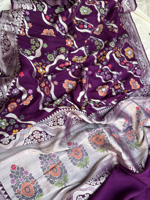 Magenta Pure Tussar Georgette Banarasi Handloom Saree - Pashmina Meenakari