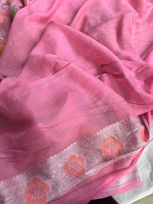 Pink Pure Tussar Georgette Banarasi Handloom Saree - Brocade Meenakari