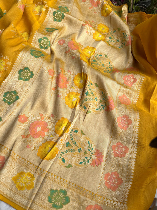 Mustard Pure Tussar Georgette Banarasi Handloom Saree - Tilfi Meenakari