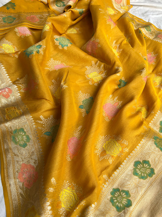 Mustard Pure Tussar Georgette Banarasi Handloom Saree - Tilfi Meenakari