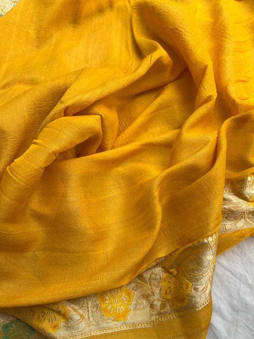 Mustard Pure Tussar Georgette Banarasi Handloom Saree - Tilfi Meenakari