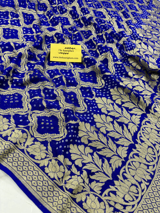French Blue Pure Khaddi Georgette Bandhani Banarasi Saree