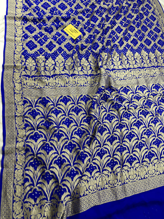 French Blue Pure Khaddi Georgette Bandhani Banarasi Saree