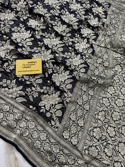 Black Pure Khaddi Georgette Banarasi Saree -  Water Zari