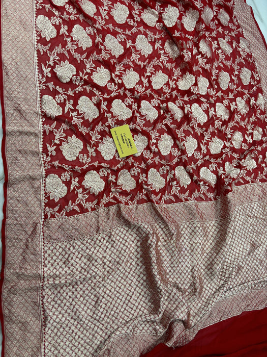 Red Pure Khaddi Georgette Banarasi Saree - Water Zari