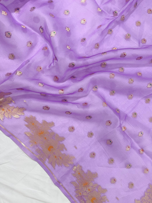 Lavender Pure Kora Banarasi Handloom Saree - Meenakari Motifs