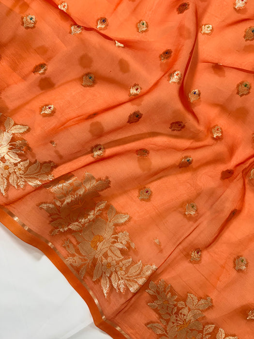 Orange Pure Kora Banarasi Handloom Saree - Meenakari Motifs
