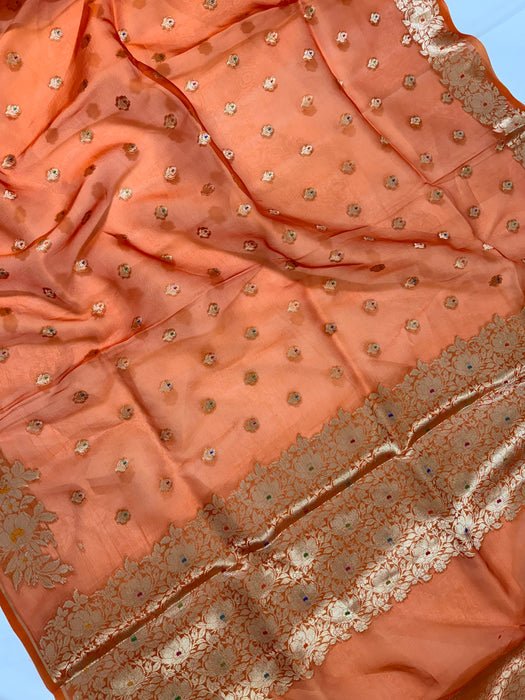 Orange Pure Kora Banarasi Handloom Saree - Meenakari Motifs