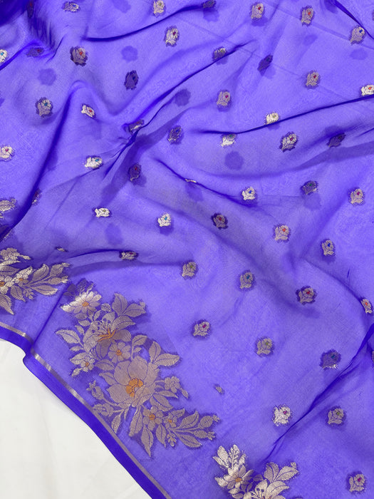 Blue Pure Kora Banarasi Handloom Saree - Meenakari Motifs