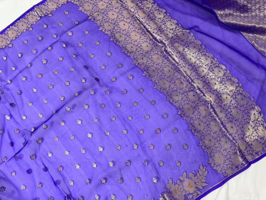 Blue Pure Kora Banarasi Handloom Saree - Meenakari Motifs