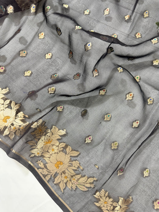 Black Pure Kora Banarasi Handloom Saree - Meenakari Motifs