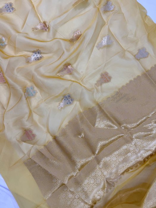 Yellow Pure Kora Banarasi Handloom Saree - Meenakari Motifs