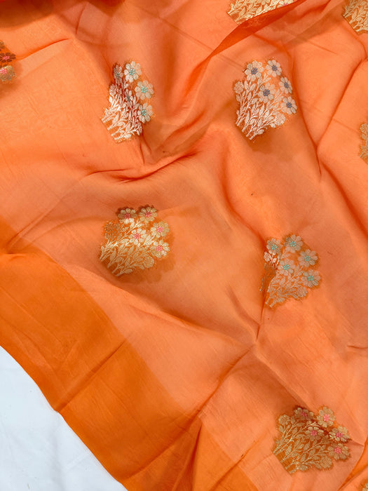 Orange Pure Kora Banarasi Handloom Saree - Meenakari Motifs