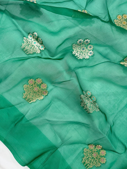 Green Pure Kora Banarasi Handloom Saree - Meenakari Motifs