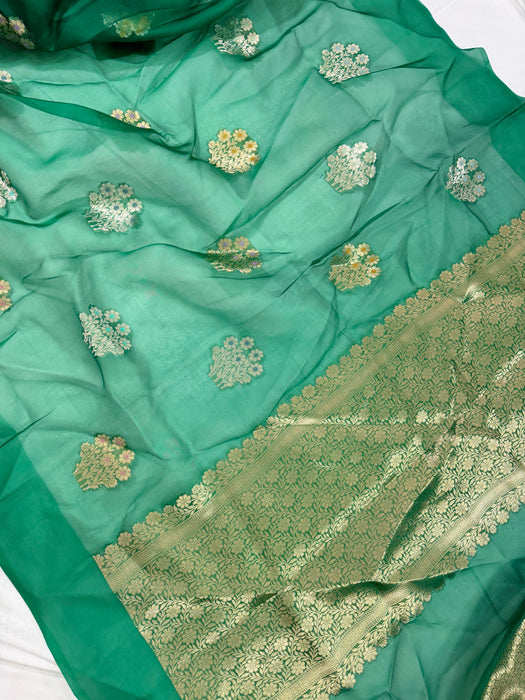 Green Pure Kora Banarasi Handloom Saree - Meenakari Motifs