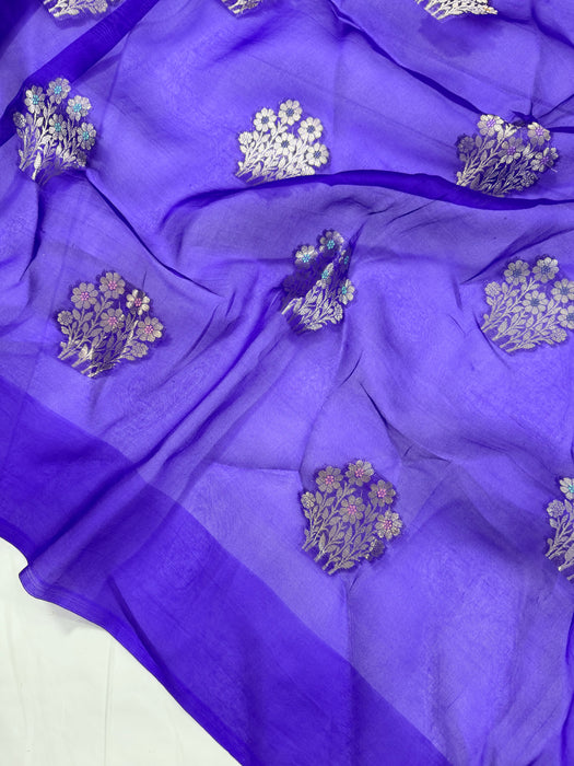 Royal Blue Pure Kora Banarasi Handloom Saree - Meenakari Motifs
