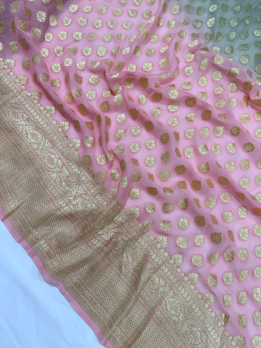 Pink and Gray Khaddi Georgette Banarasi Handloom Saree - Water Zari