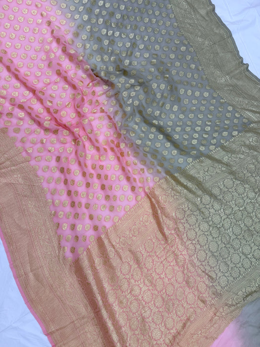 Pink and Gray Khaddi Georgette Banarasi Handloom Saree - Water Zari