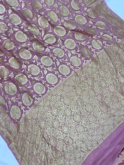 Indian Pink Khaddi Georgette Banarasi Handloom Saree - Water Zari