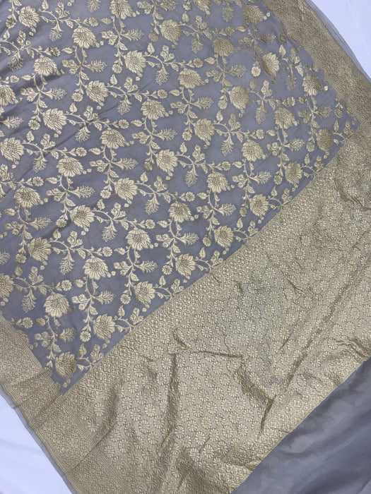 Persian Gray Khaddi Georgette Banarasi Handloom Saree - Water Zari