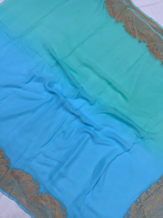 Shaded Blue Banarasi Ghat Khaddi Georgette Handloom Saree - Water Zari