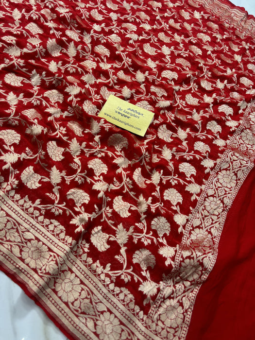 Red Pure Khaddi Georgette Banarasi Handloom Dupatta - Water Zari