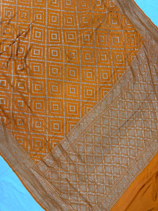 Rust Orange Pure Khaddi Georgette Banarasi Handloom Saree - Antique Zari
