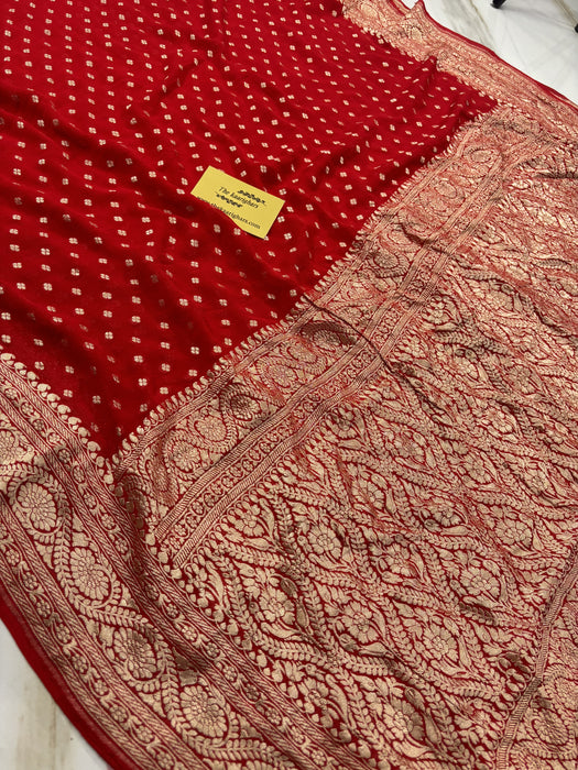 Red Pure Khaddi Georgette Banarasi Handloom Dupatta - Water Zari