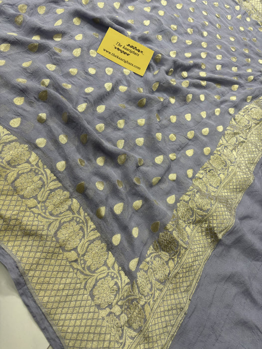 Steel Gray Pure Khaddi Georgette Banarasi Handloom Dupatta - Water Zari