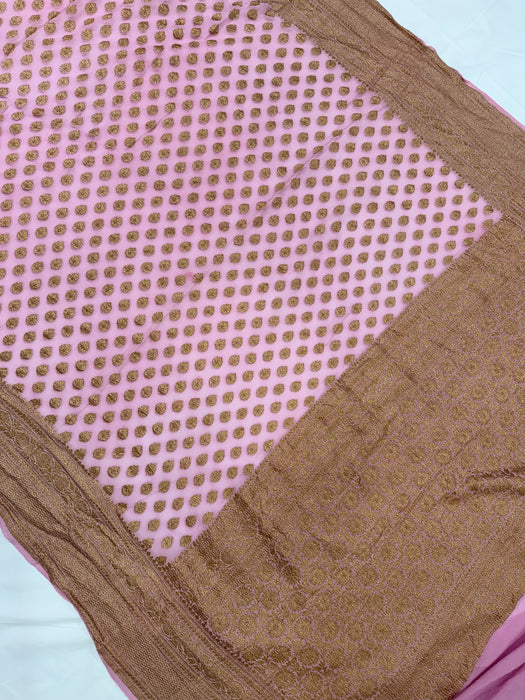 Pink Pure Khaddi Georgette Banarasi Handloom Saree - Antique Zari